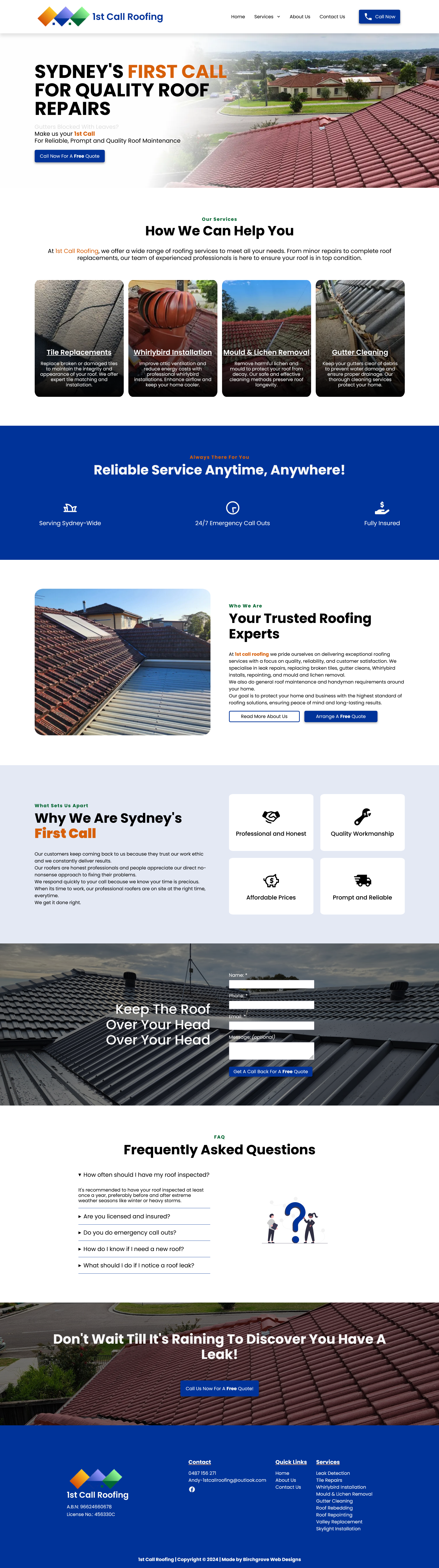 a screenshot of 1st Call Roofing landing page